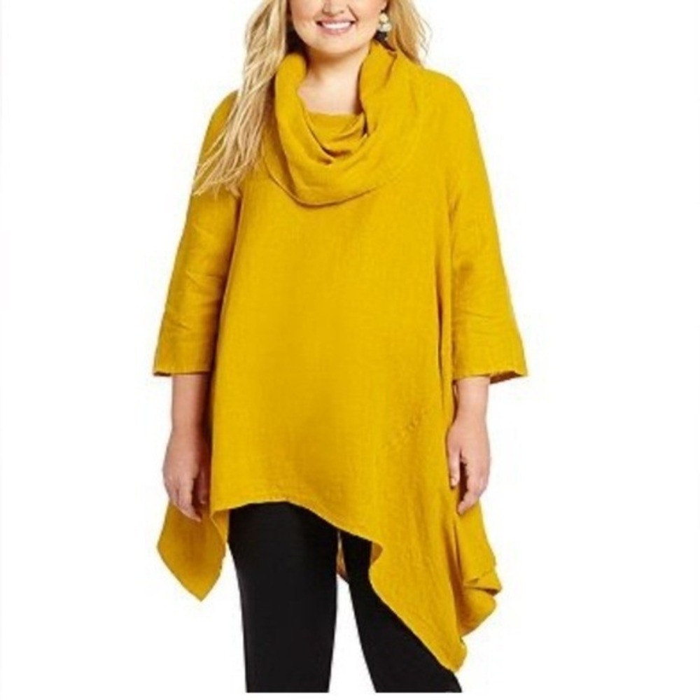 Bryn Walker Noma Cowl Neck Assymmetric Tunic Dress‎ Size L Mustard Yellow Linen